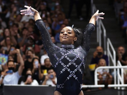 Simone Biles comes down from the beam during day two of the Women's U.S. Gymnastics Championships at the SAP Center in San Jose, California, USA , August 27, 2023. United States Gymnastics Championships, San Jose, United States - August 27, 2023